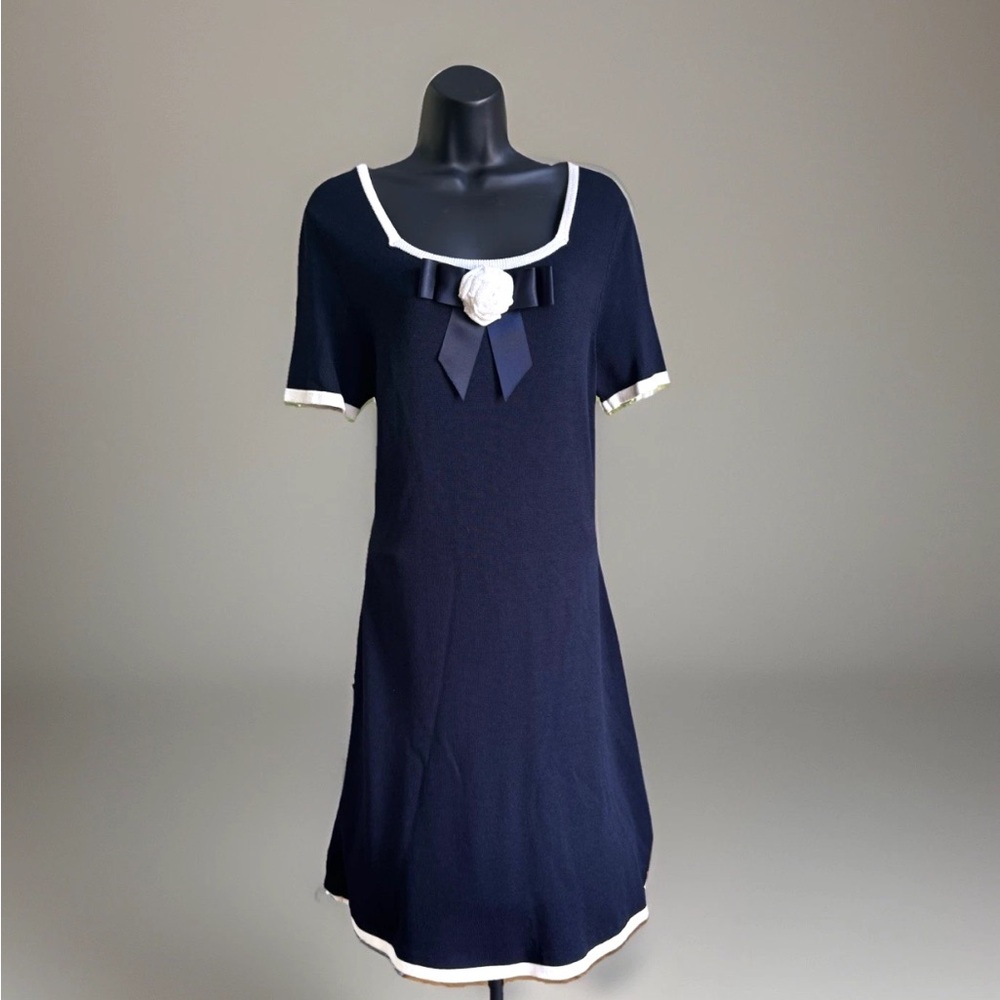 Luisa Spagnoli Navy Blue Knit Dress IT 44 US 8 Bow Trim Elegant Classic Luxury - Picture 2 of 11
